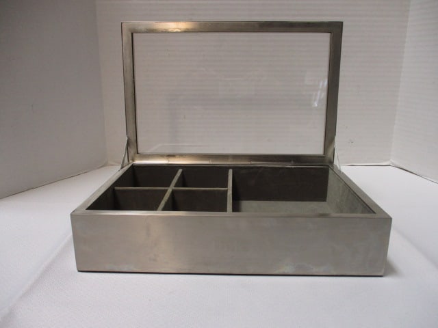 Red Envelope Silverplate and Glass Jewelry/Watch Box: 10 3/4" x 7" x 3", monogrammed "DEK" 