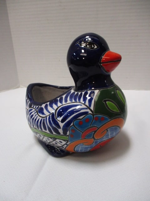 Lot of Mexican Pottery - Duck Planter, Vase, Small Bowl and Plate - 4