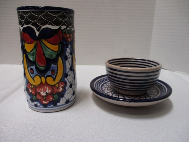 Lot of Mexican Pottery - Duck Planter, Vase, Small Bowl and Plate - 8
