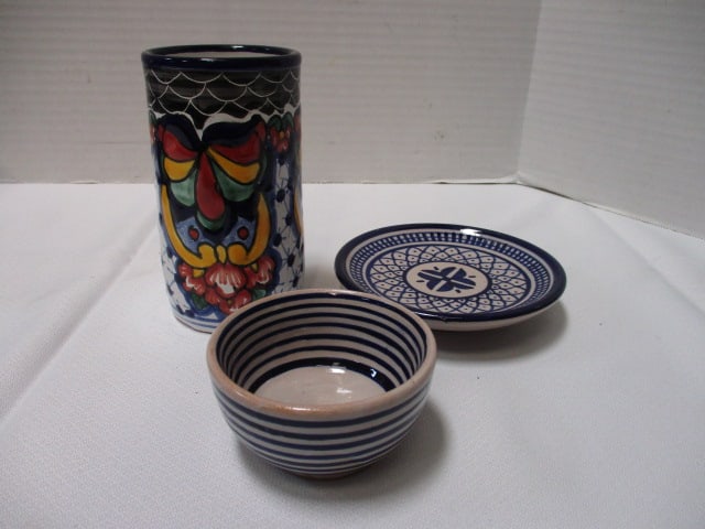 Lot of Mexican Pottery - Duck Planter, Vase, Small Bowl and Plate - 9