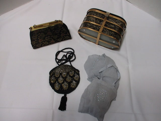 Lot of 3 Black and Gold Evening Handbags and Sheer Silver Scarf (1 of 16)