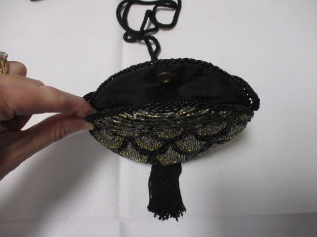 Lot of 3 Black and Gold Evening Handbags and Sheer Silver Scarf - 3