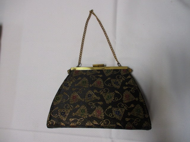 Lot of 3 Black and Gold Evening Handbags and Sheer Silver Scarf - 4