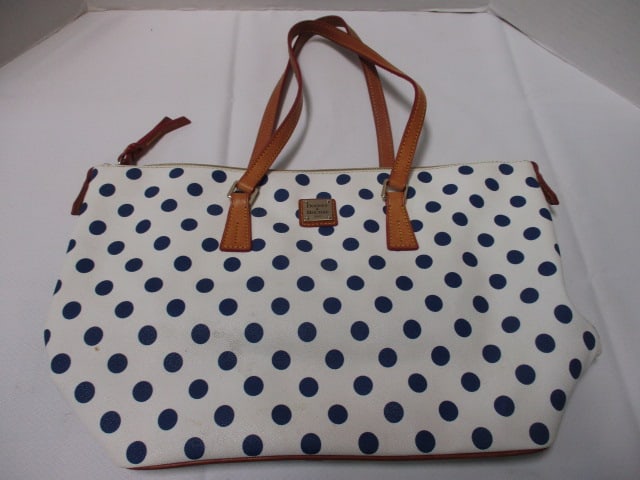 Dooney & Burke White and Blue Polka Dot Leather Handbag: see pictures and preview for authenticity and condition 