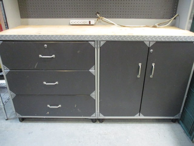Large Industrial Work Bench with 3 Drawers, Cabinet, Pegboard with Organizers, - 10