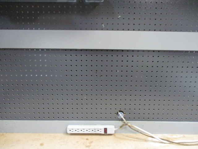 Large Industrial Work Bench with 3 Drawers, Cabinet, Pegboard with Organizers, - 7