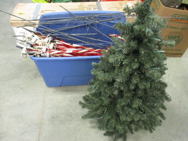 Large Plastic Tote of Outdoor Christmas Decorations - Pre-Lit Candy Canes,: Christmas Tree Frame and Greenery, etc., see pictures and preview for selection and condition, untested, Local Pickup Only