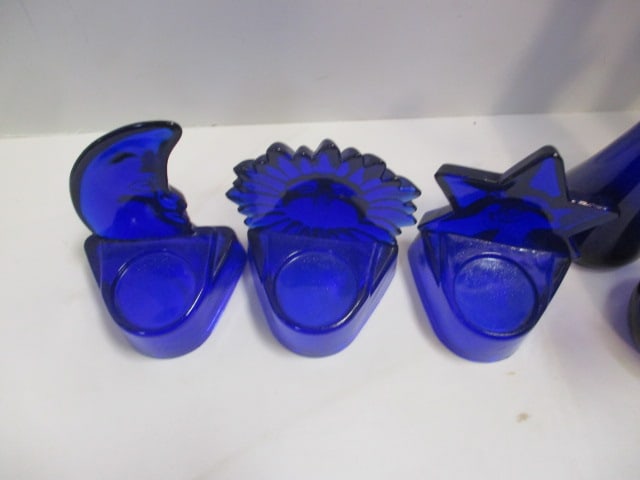 Lot of Cobalt Blue Glass Vases, Candle Holders, and Sculptures - 5