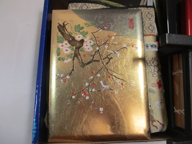 Decorative Asian Lot - Trays, Address Book, Photo, Matches, and Trivets - 2