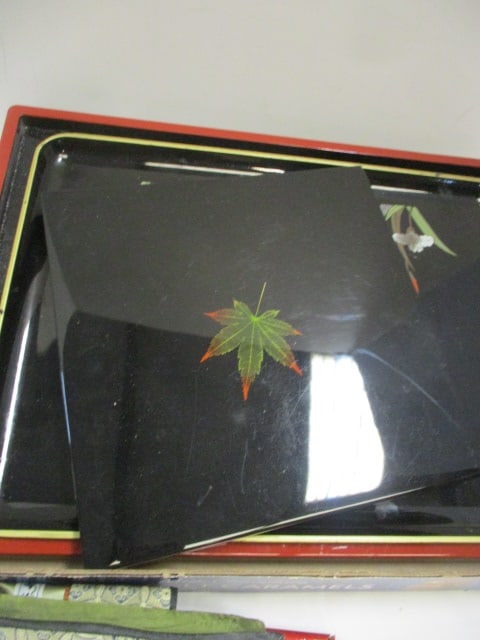 Decorative Asian Lot - Trays, Address Book, Photo, Matches, and Trivets - 8