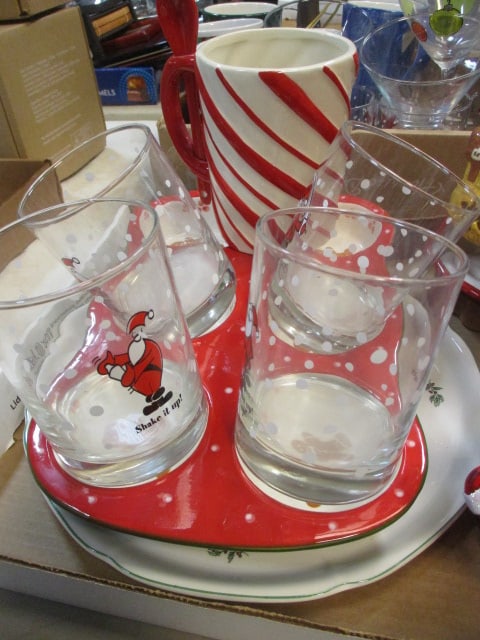 Lot of Christmas Glasses, Cups, Muffin Pan, Platter, Candle Holders, etc. - 2