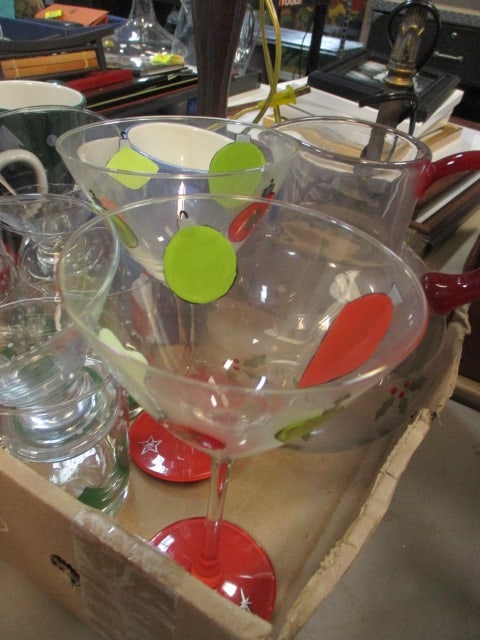 Lot of Christmas Glasses, Cups, Muffin Pan, Platter, Candle Holders, etc. - 7