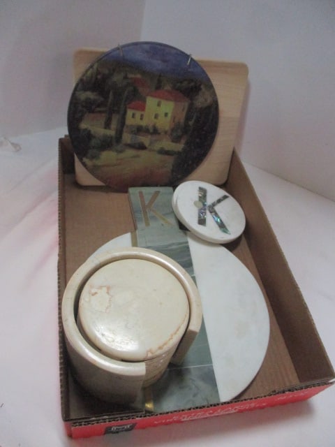 Lot of Stone Cutting Board and Coasters, Italian Glass Trivet, and Wood: Cutting Board, some with initial "K"