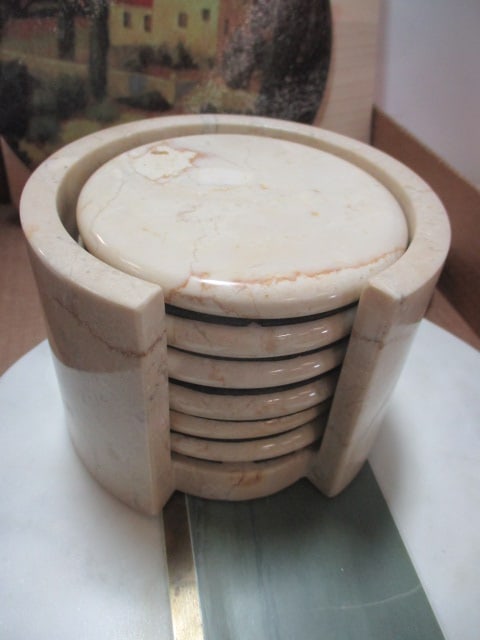 Lot of Stone Cutting Board and Coasters, Italian Glass Trivet, and Wood - 2