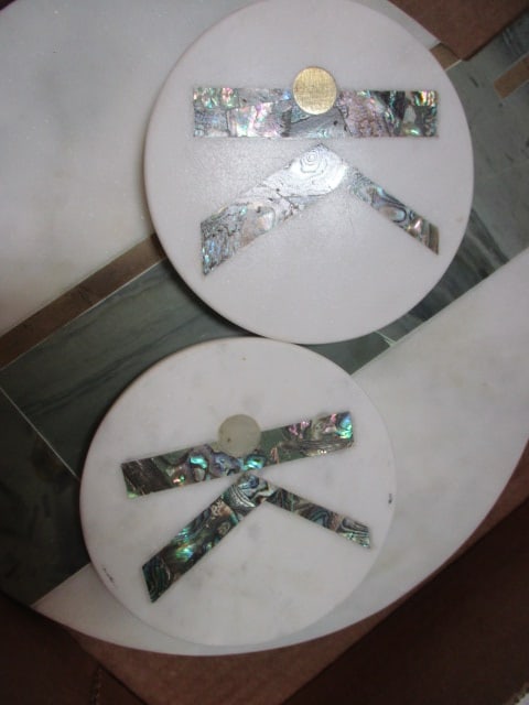 Lot of Stone Cutting Board and Coasters, Italian Glass Trivet, and Wood - 7