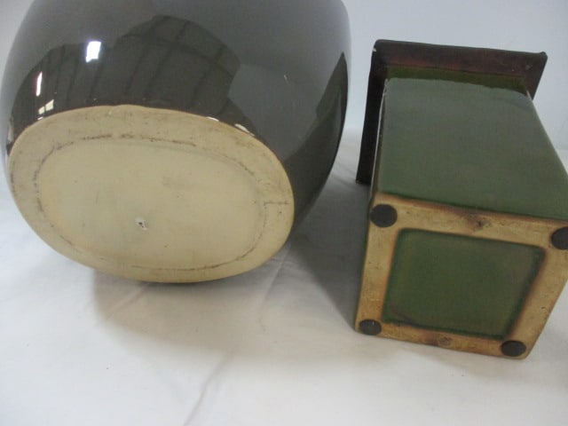 2 Green Glazed Ceramic Planters - 4