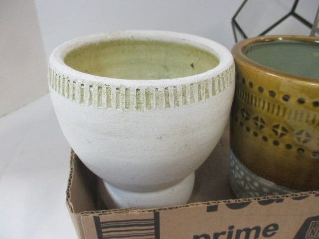 3 Ceramic Pottery Flower Pots and Glass with Brass Geometric Terrarium - 3