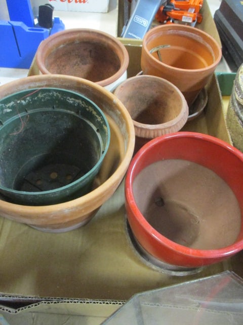 Lot of 5 Ceramic Pottery Flower Pots and Planters - Some with Underplates (1 of 6)