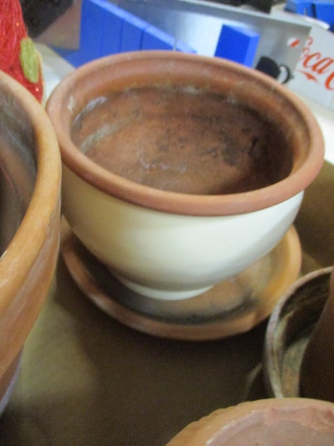 Lot of 5 Ceramic Pottery Flower Pots and Planters - Some with Underplates - 5