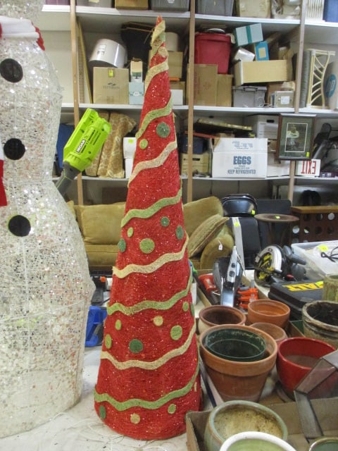 2 Vintage Red, Green, Gold Wire-Framed, Cone-Shaped Lighted Christmas Trees: 24" and 36", both light up 