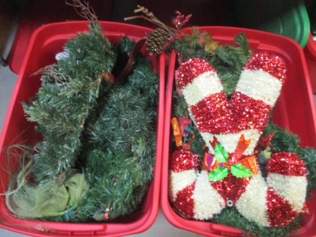 2 Large Storage Tote of Christmas Wreaths, Garland, Lights, and Decorations: see pictures and preview for selection and condition 