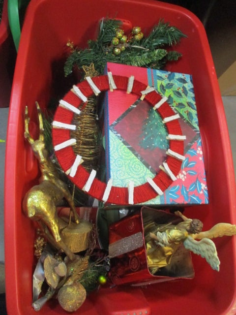 Large Storage Tote of Christmas Decorations: see pictures and preview for selection and condition 