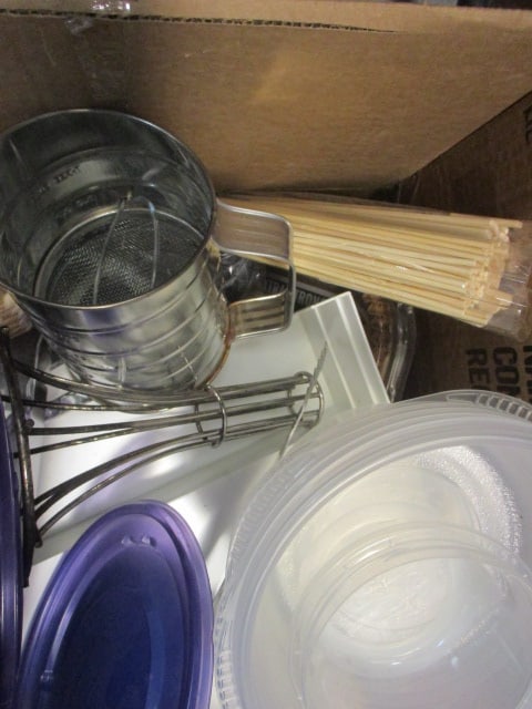 Large Kitchen Lot - Cups, Plastic Containers, Sifter, Utensils, Skewers, etc. - 3