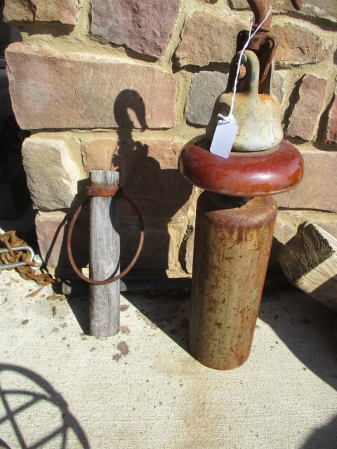 Primitive Aged Metal Canister with Hook and Wood and Metal Yoke Hanger: .