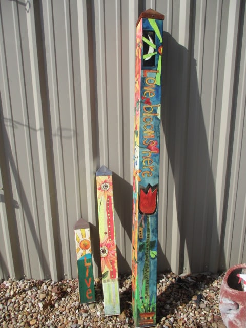 Set of 3 Handpainted Garden Art Poles: 24" to 62", Local Pickup Only