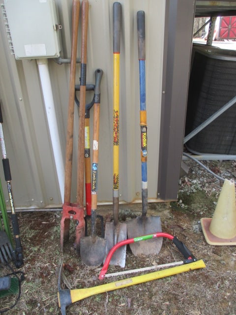 Lot of Shovels, Rakes, Pick Ax, Post Hole Digger, Saw, etc. (1 of 5)