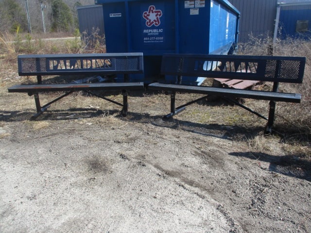 "FURMAN" and "PALADINS" Custom Iron Outdoor Benches: 71 1/2" long, 26" deep and 34 1/2"h, some rust and paint peeling, see pictures and preview, Local Pickup Only