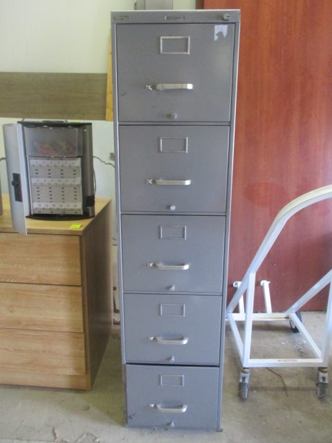 Steelcase Grey Metal 5 Drawer File Cabinet: 15" x 28 1/2" x 58 3/4", has lock but no key, Local Pickup Only 