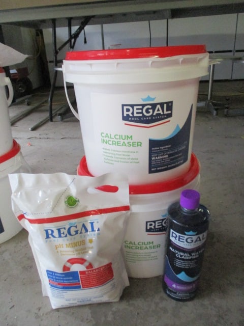 Swimming Pool Care Chemicals: Bag of Regal ph Minus, (2)20 lb. Regal Calcium Increaser(one approx. half full), Bottle of Regal Natural Water Clarifier, No Shipping-Local Pickup Only