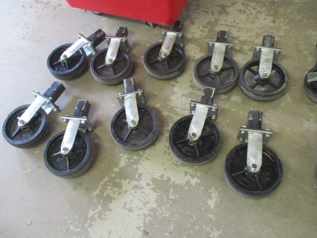 Heavy Duty Red Plastic Cart Bin with Colson 8" Heavy Duty Scaffolding Wheels - 14