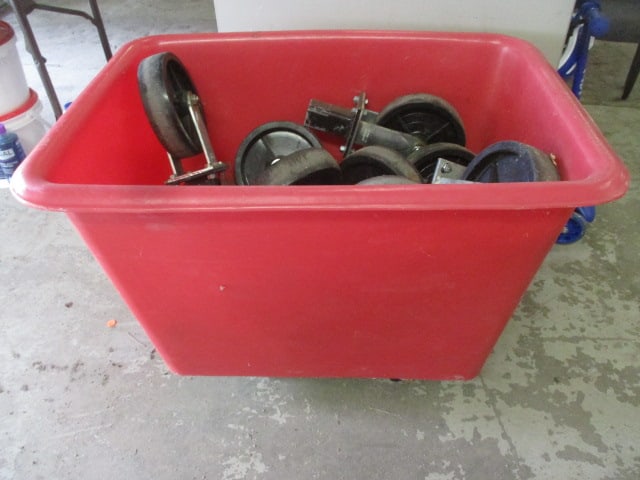 Heavy Duty Red Plastic Cart Bin with Colson 8" Heavy Duty Scaffolding Wheels: Cart 33" x 24"x 25", (6)Swiveling locking wheels, (10)Fixed wheels, Local Pickup Only