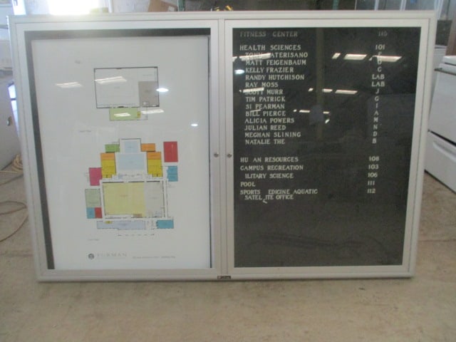 Claridge 6' Aluminum Locking Enclosed Wall Mount Bulletin Board: 72" x 48" x 3 1/2", doors locked-Do not have keys, left side door needs glass secured into frame, Local Pickup Only 
