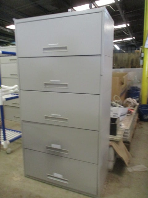 Grey Metal 5 Sliding Door Lateral File Cabinet: 36" x 18" x 68 3/4", has lock but no key, Local Pickup Only 