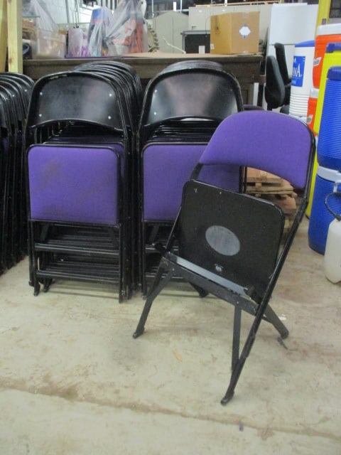 20 Clarin Black Metal Interlocking Folding Chairs with Purple Upholstered Seat/Backs: 18"w, Local Pickup Only