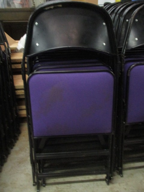 20 Clarin Black Metal Interlocking Folding Chairs with Purple Upholstered Seat/Backs - 6