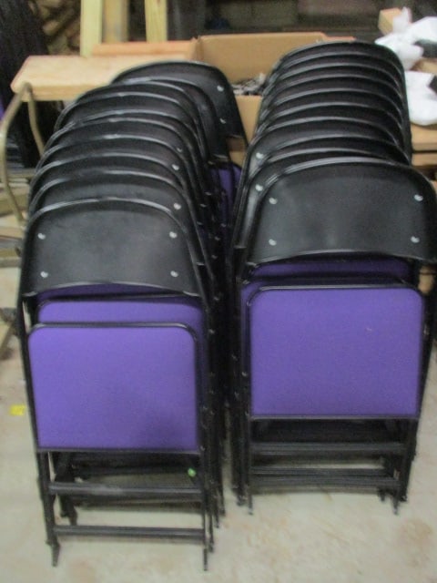 20 Clarin Black Metal Interlocking Folding Chairs with Purple Upholstered Seat/Backs - 8