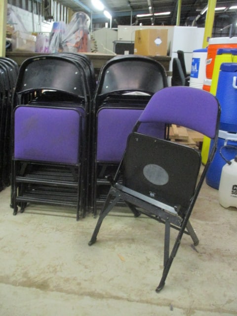 20 Clarin Black Metal Interlocking Folding Chairs with Purple Upholstered Seat/Backs: 18"w, Local Pickup Only