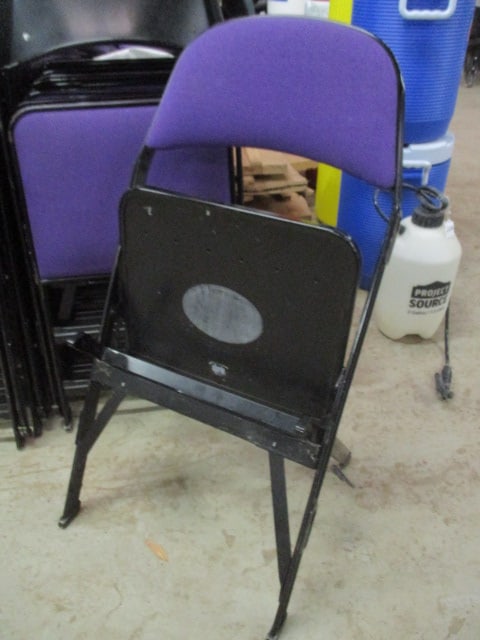 20 Clarin Black Metal Interlocking Folding Chairs with Purple Upholstered Seat/Backs - 6