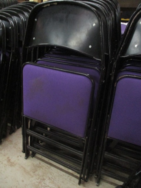 20 Clarin Black Metal Interlocking Folding Chairs with Purple Upholstered Seat/Backs - 8
