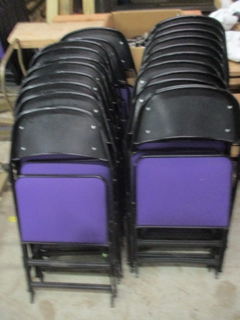 20 Clarin Black Metal Interlocking Folding Chairs with Purple Upholstered Seat/Backs - 9