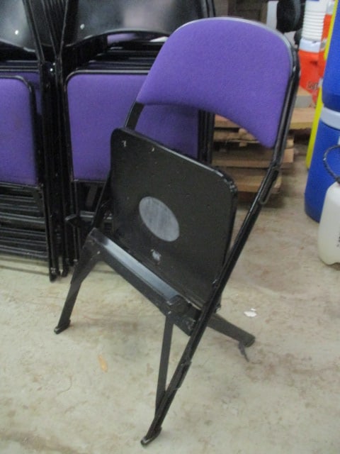 20 Clarin Black Metal Interlocking Folding Chairs with Purple Upholstered Seat/Backs - 6