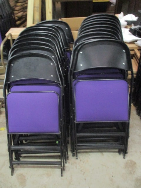 20 Clarin Black Metal Interlocking Folding Chairs with Purple Upholstered Seat/Backs - 8