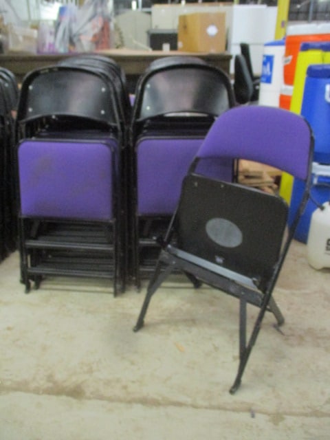 20 Clarin Black Metal Interlocking Folding Chairs with Purple Upholstered Seat/Backs: 18"w, Local Pickup Only