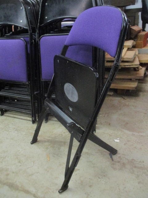 20 Clarin Black Metal Interlocking Folding Chairs with Purple Upholstered Seat/Backs - 6