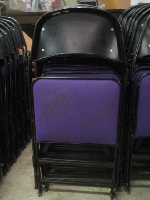 20 Clarin Black Metal Interlocking Folding Chairs with Purple Upholstered Seat/Backs - 7