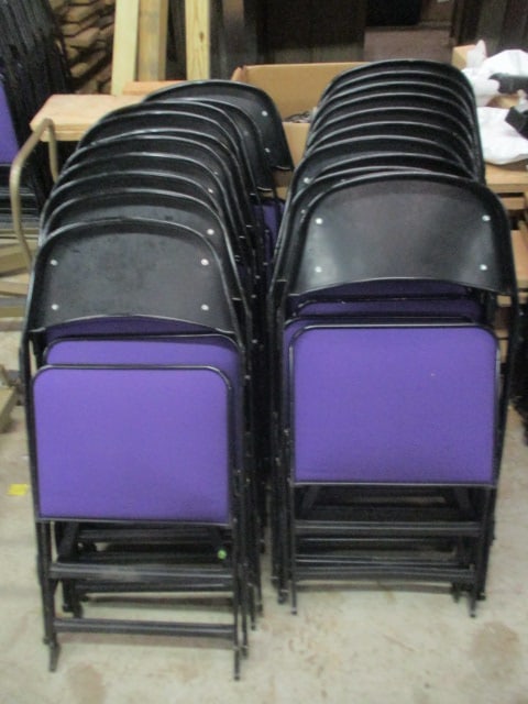 20 Clarin Black Metal Interlocking Folding Chairs with Purple Upholstered Seat/Backs - 8